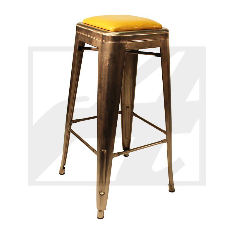 Metal bar stool with a yellow cushioned seat and four legs.