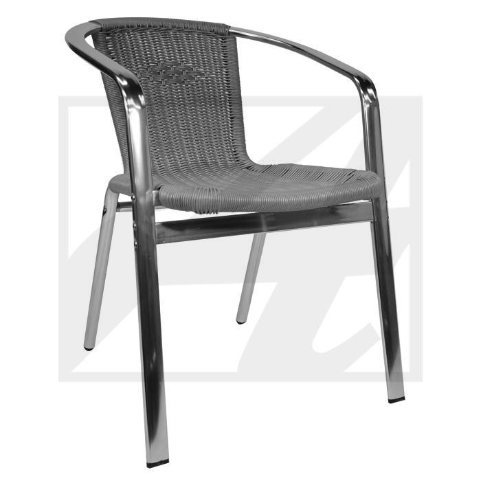 Modern black metal chair with woven seat and backrest.