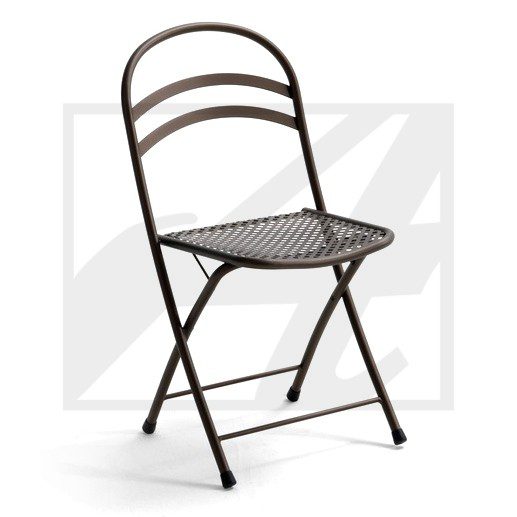 Black metal folding chair with a mesh seat and curved backrest.