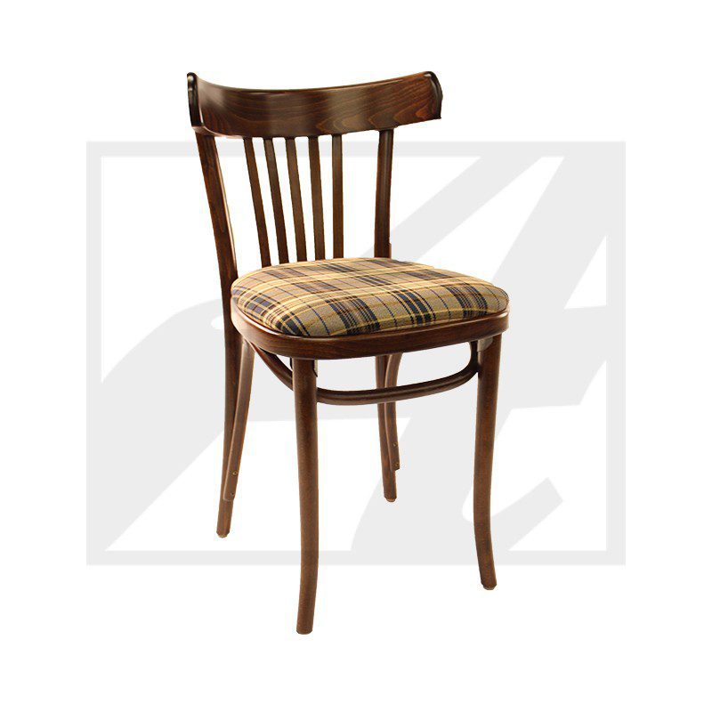 Classic wooden chair with a cushioned striped seat.