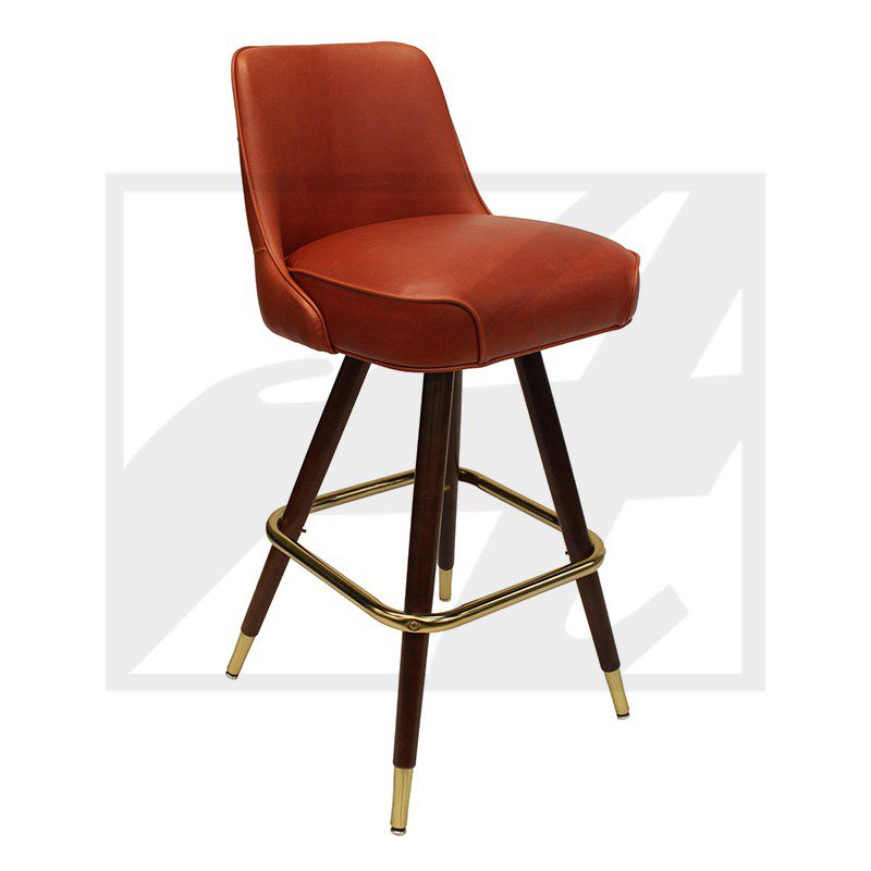 Modern rust-colored bar stool with cushioned seat and wooden legs.