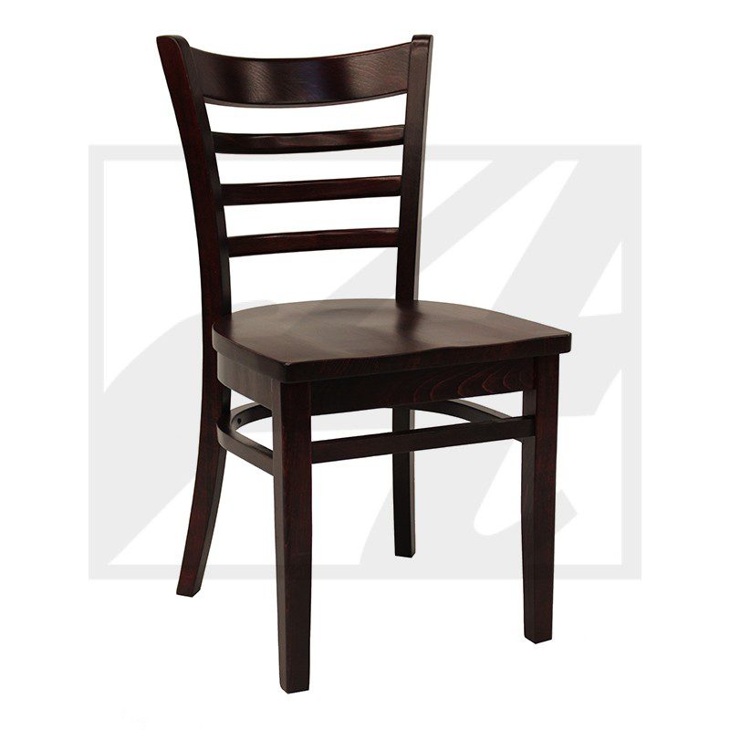Dark wooden chair with a cushioned seat and ladder back design.