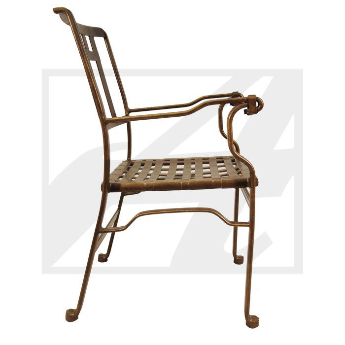 Elegant metal chair with decorative armrests and lattice seat.