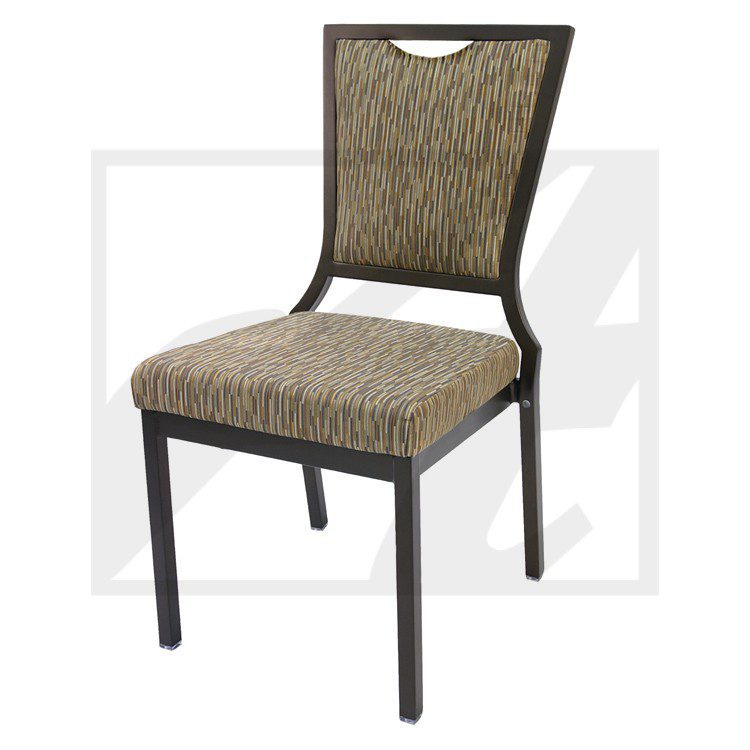 Modern chair with textured fabric and black frame.