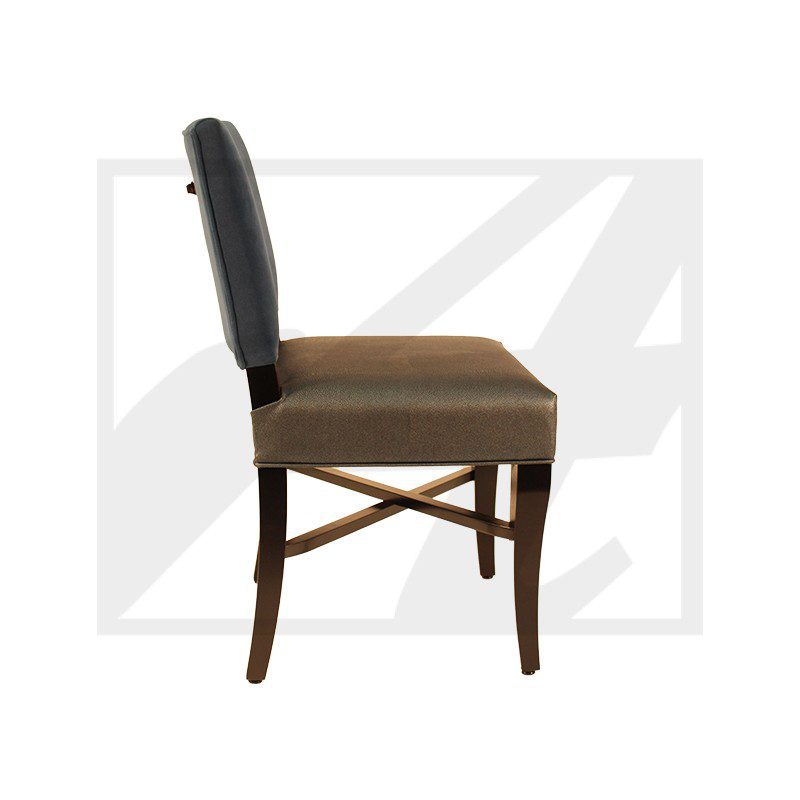 Side view of a wooden chair with a cushioned seat and backrest.