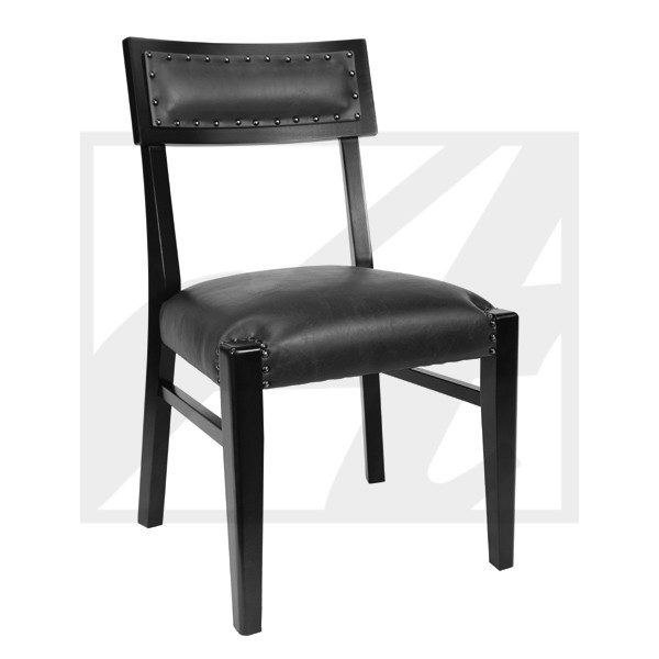 Modern black leather dining chair with wooden frame.