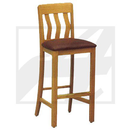 Wooden bar stool with cushioned seat and slatted backrest.