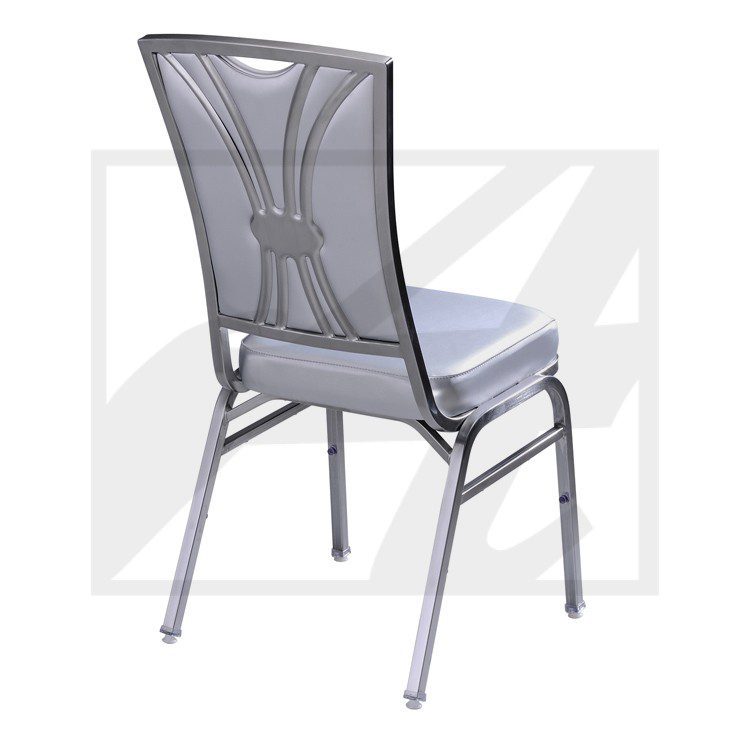 Modern mesh back chair with cushion and metal frame.