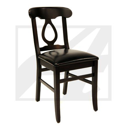 Elegant black wooden chair with a cushioned seat and decorative backrest.