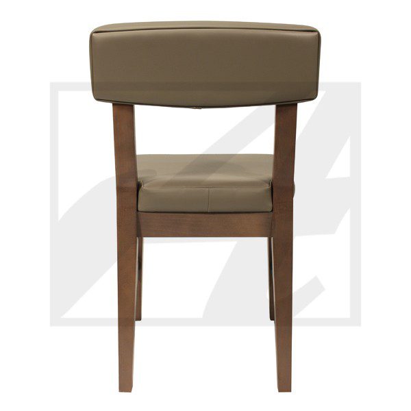 Back view of a wooden chair with a cushioned seat and backrest.
