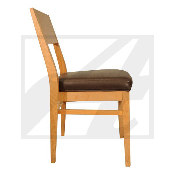 Wooden chair with cushioned seat and backrest in side view.