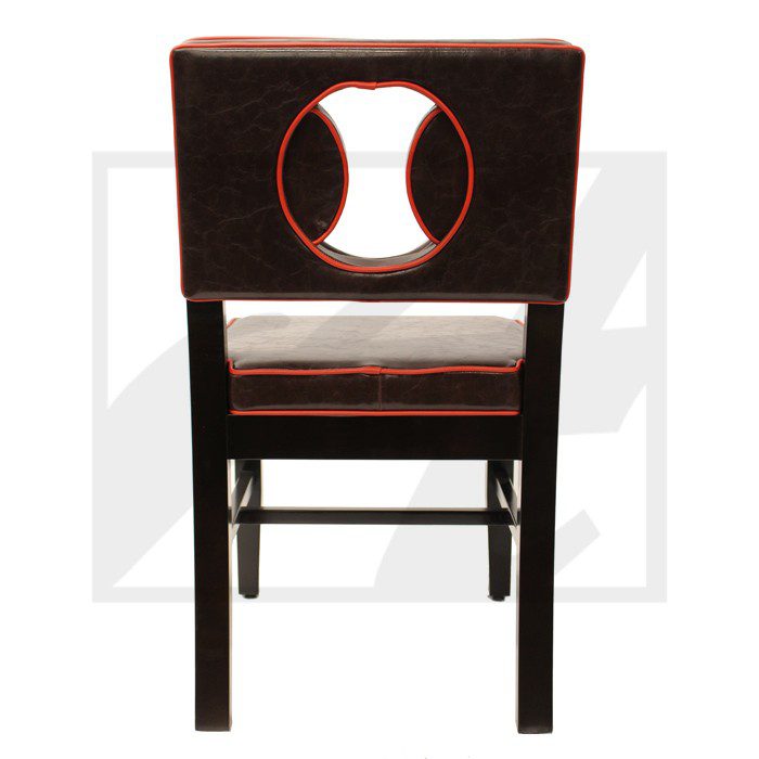Dark wooden chair with a unique circular cutout design on the backrest.