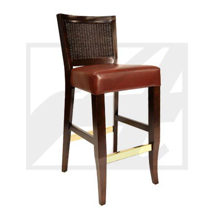 Elegant wooden bar stool with leather seat and woven backrest.