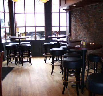 Empty bar with high stools and large windows letting in natural light.