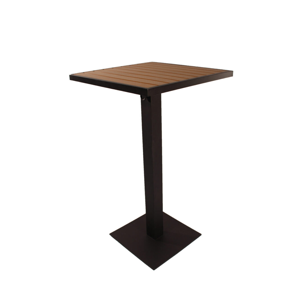 Square wooden table with black metal pedestal base.