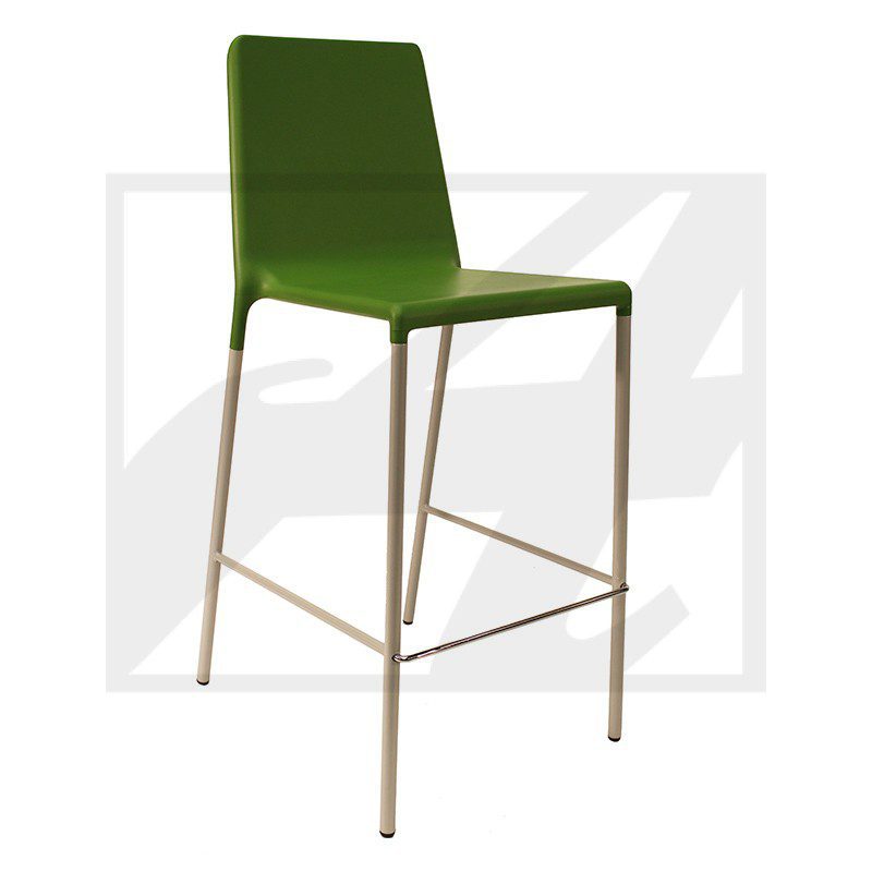 Modern green bar stool with metal legs and footrest.