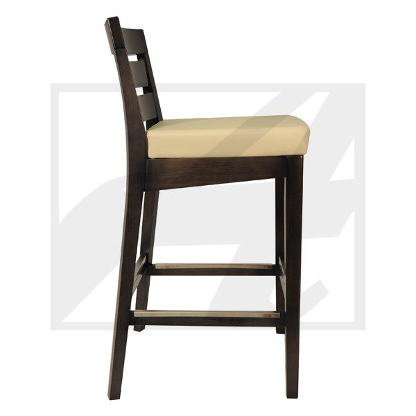 Dark wooden bar stool with cushioned beige seat and backrest.