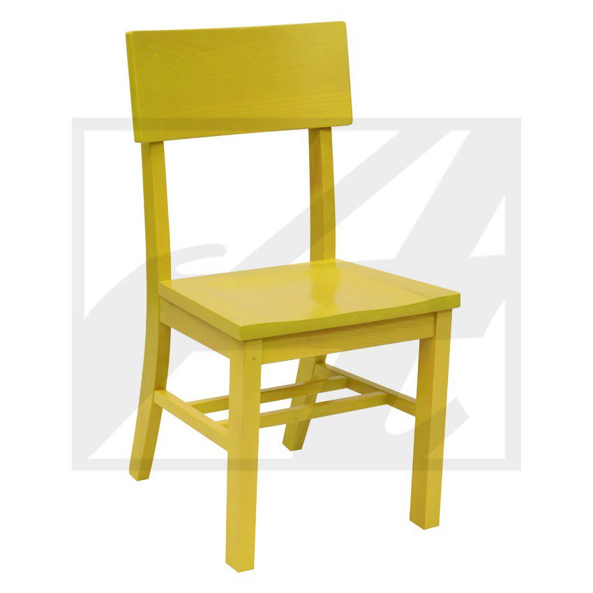A simple yellow wooden chair with a backrest.