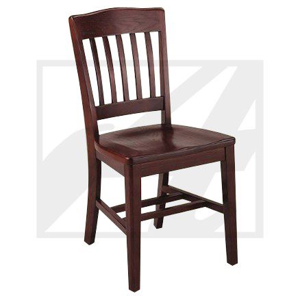 Wooden dining chair with vertical slats and a warm finish.