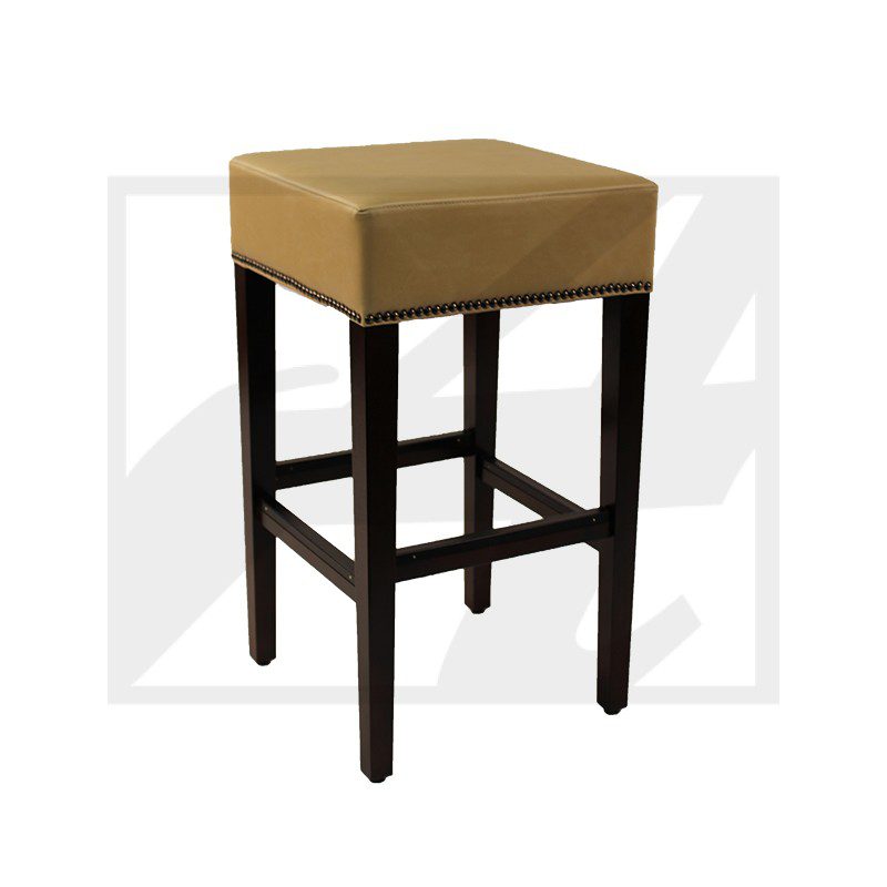 Square bar stool with cushioned beige seat and dark wooden legs.