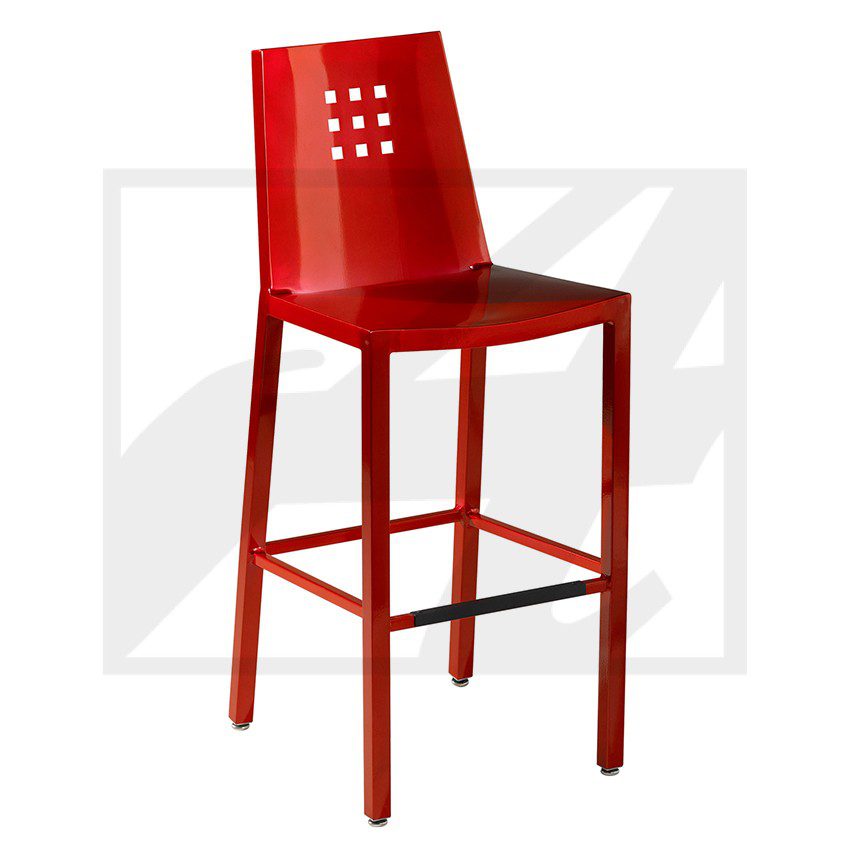 Sleek red bar stool with modern design and perforated backrest.