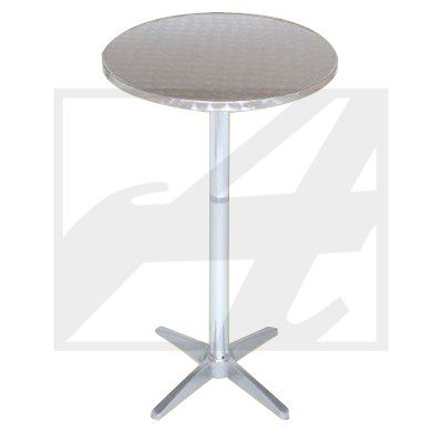 Modern adjustable-height round table with a metal base and gray top.