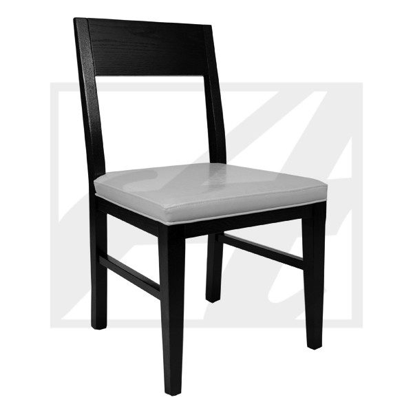 Black wooden chair with a cushioned gray seat and simple backrest.