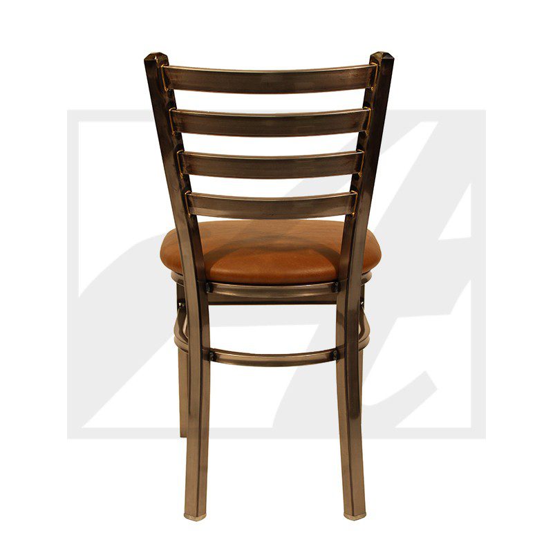 Wooden chair with a simple slatted back and brown cushioned seat.