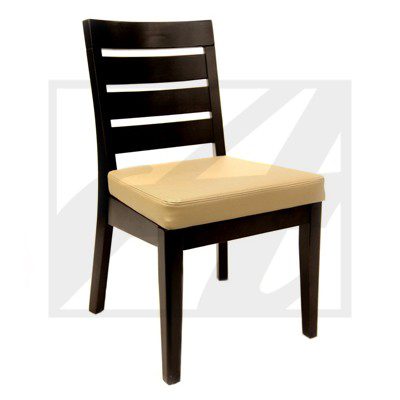 Wooden chair with beige cushioned seat and slatted backrest.