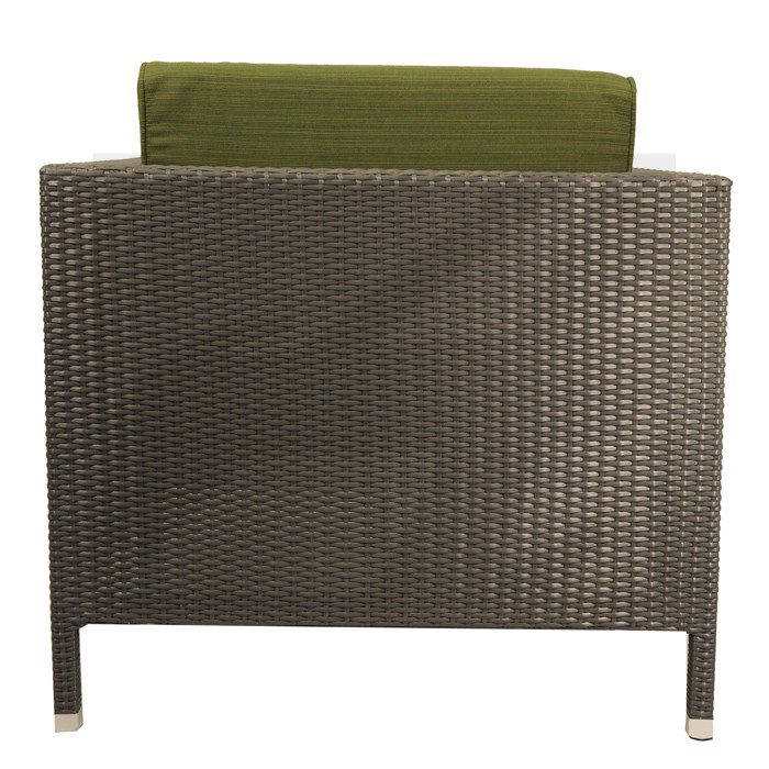 Back view of a woven rattan chair with a green cushion.