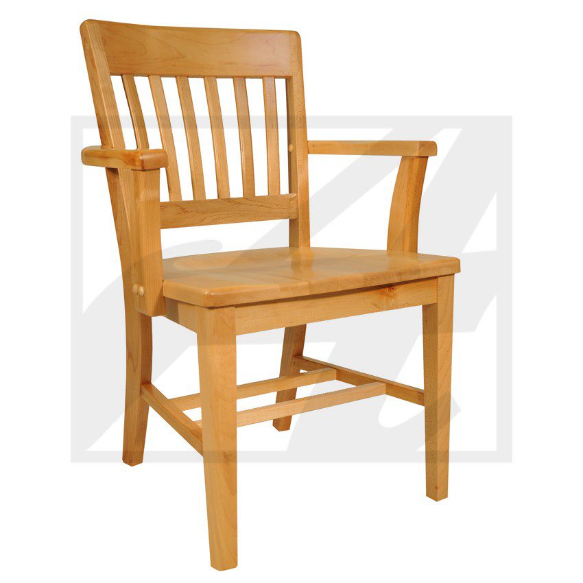 Wooden chair with armrests and a slatted backrest.