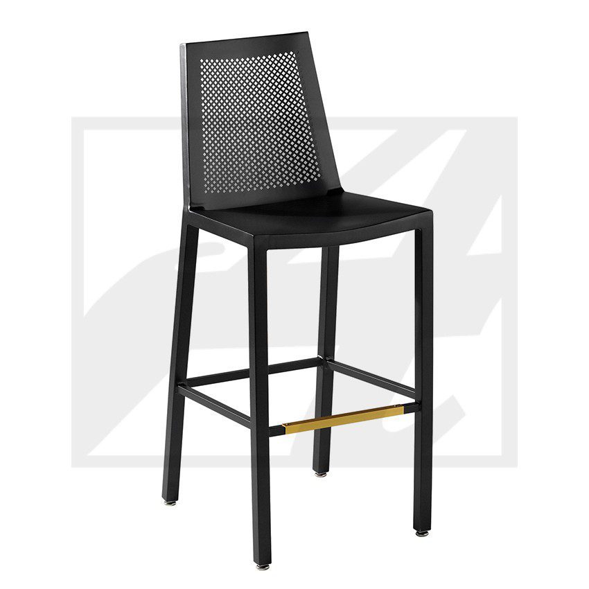 Modern black bar stool with woven backrest and brass footrest.