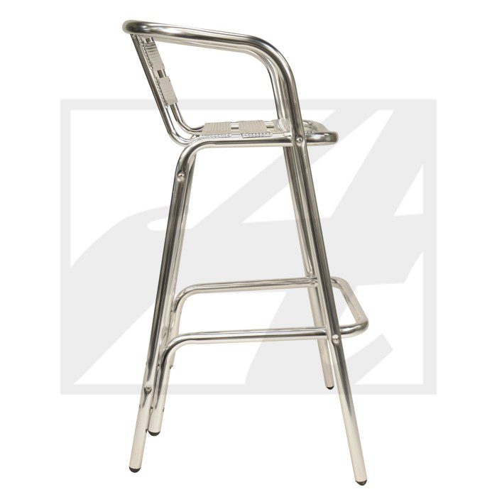 A sleek metal bar stool with a footrest and back support.