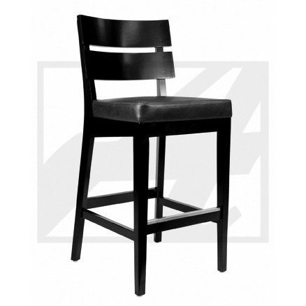 Black wooden bar stool with a cushioned seat and backrest.