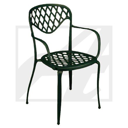 Black metal chair with lattice design and armrests.