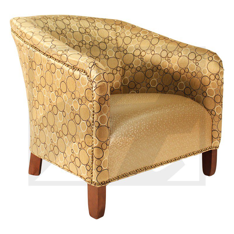 Elegant beige armchair with patterned upholstery and wooden legs.