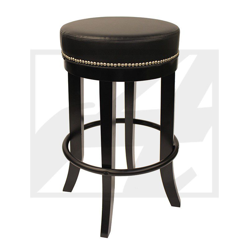 Black cushioned bar stool with studded detailing and circular footrest.