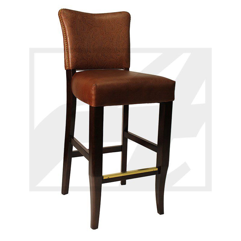 Elegant brown leather bar stool with dark wooden legs and brass footrest.