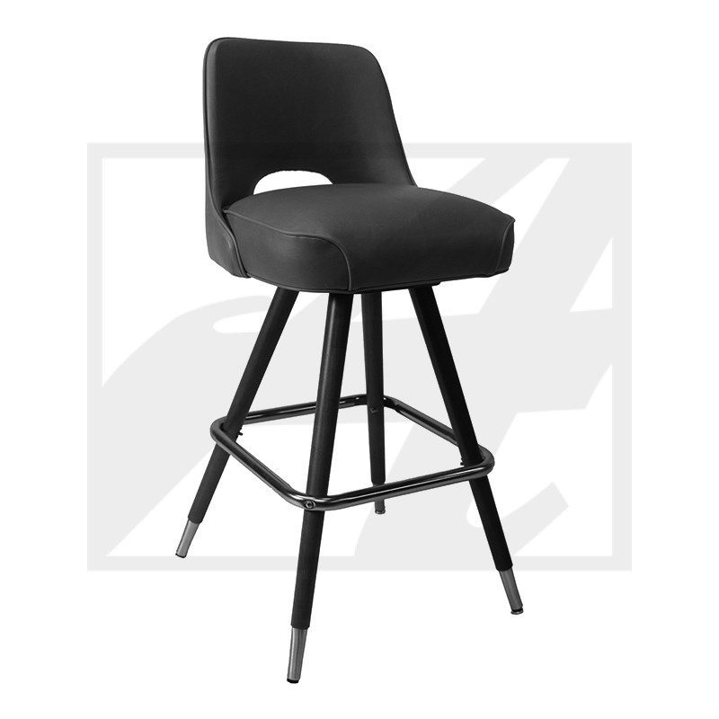 Modern black bar stool with cushioned seat and backrest.