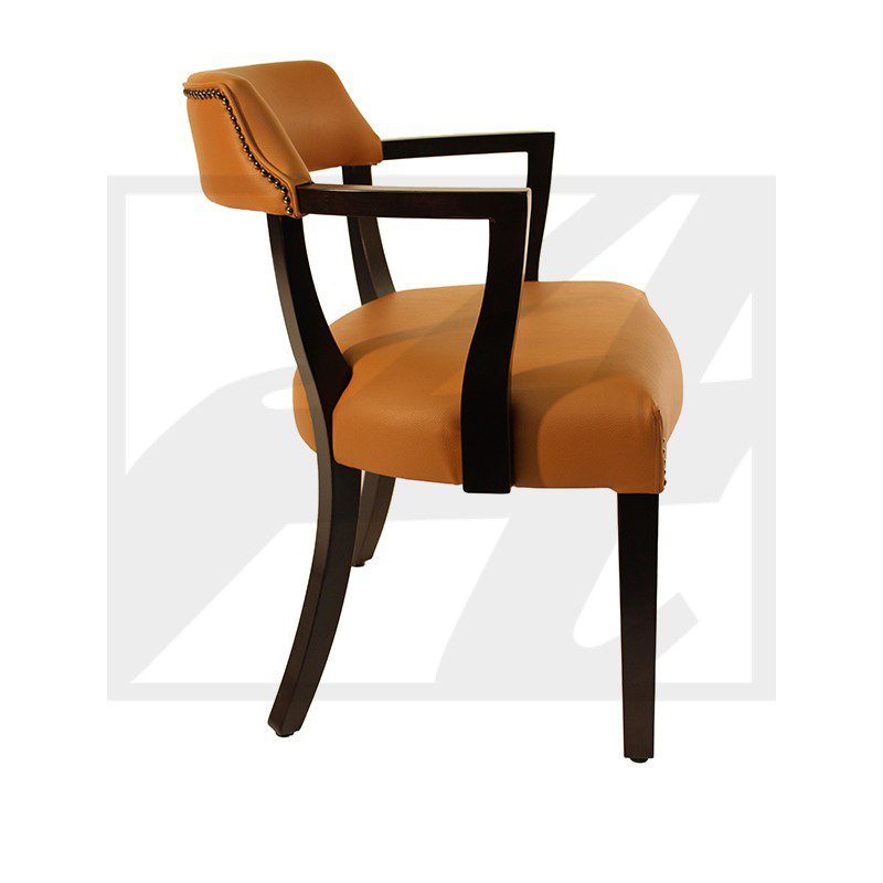 Modern wooden chair with tan cushioned seat and backrest.