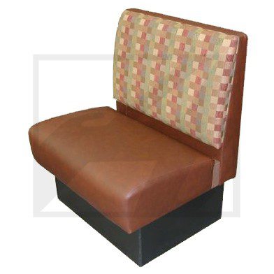 Brown and patterned restaurant booth seating with cushioned backrest and base.