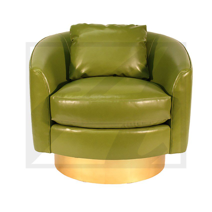 Modern olive green swivel chair with a gold base.
