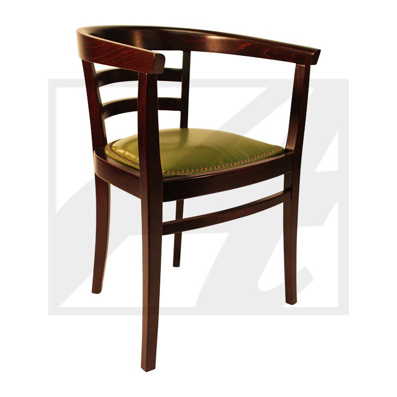 Wooden chair with green cushioned seat and curved backrest.