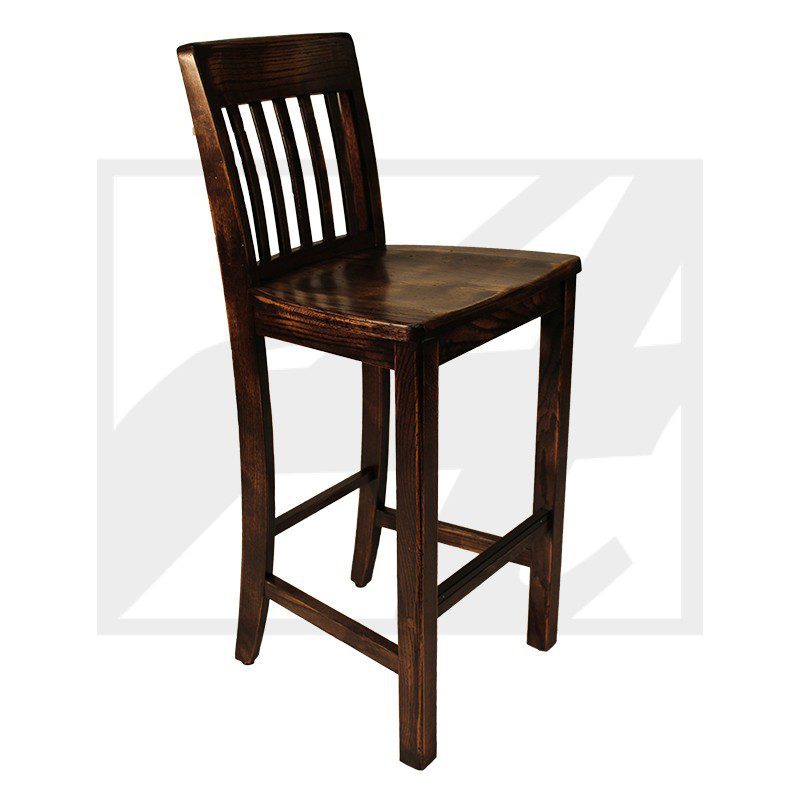 Wooden bar stool with a dark finish and slatted backrest.