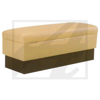 Beige and brown upholstered bench with a modern design.