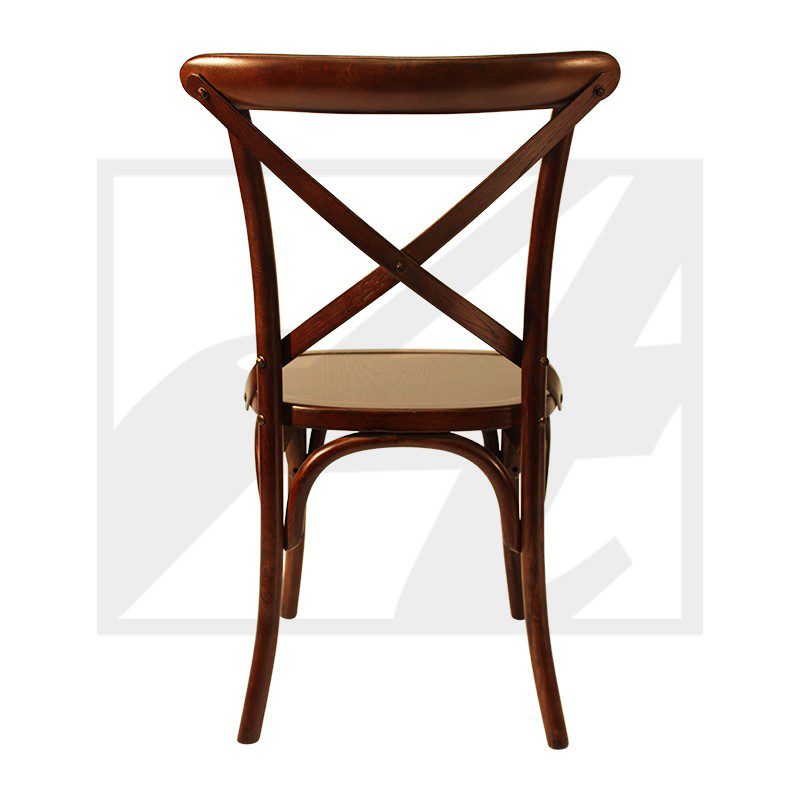 Wooden chair with a cross-back design and cushioned seat.