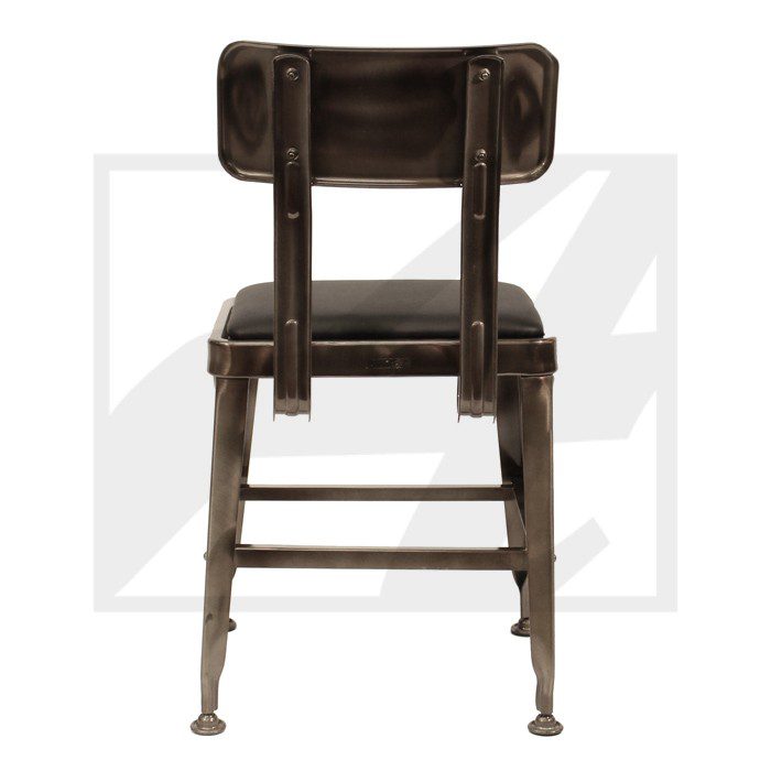 Vintage metal chair with dark wooden seat and backrest.