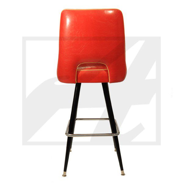 Red retro bar stool with black metal legs and footrest.