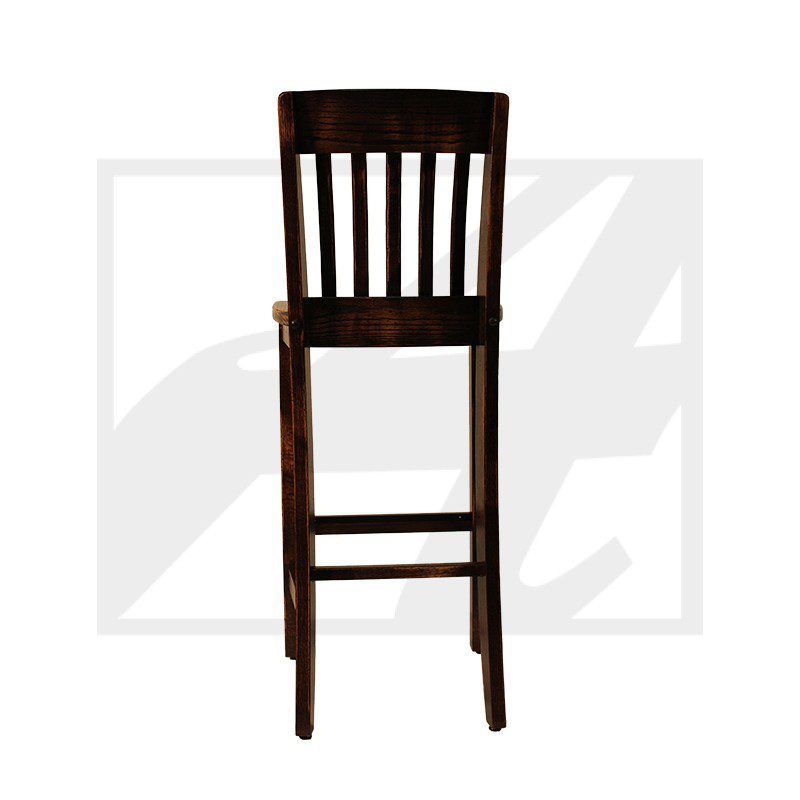Tall wooden bar stool with a slatted backrest.