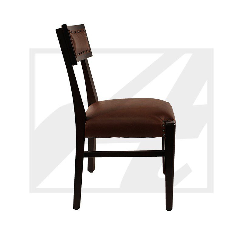 Side view of a wooden chair with a cushioned seat and backrest.